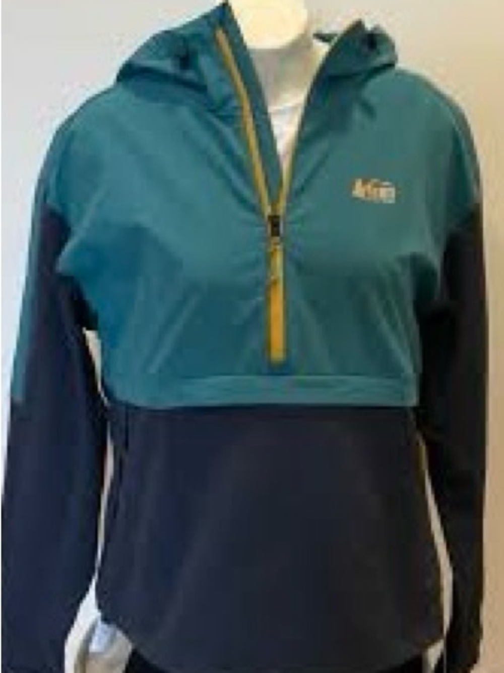 REI Anorak Waterproof Teal & Navy Hooded Half-Zip Soft Shell Pullover Jacket XS
